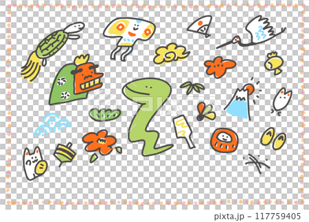 かわいい蛇と正月の縁起物イラスト　年賀状素材　2025 117759405