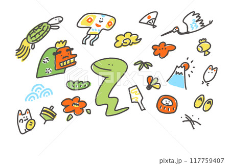 かわいい蛇と正月の縁起物イラスト　年賀状素材　2025　巳年 117759407