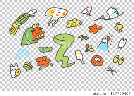 かわいい蛇と正月の縁起物イラスト　年賀状素材　2025　巳年 117759407