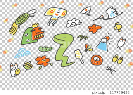 可愛的蛇和新年的幸運符插畫新年賀卡材料2025 117759432