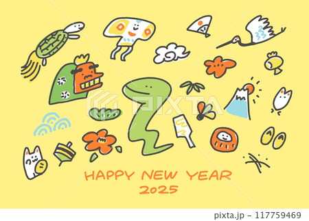 かわいい蛇と正月の縁起物の年賀状　2025 手描き 117759469