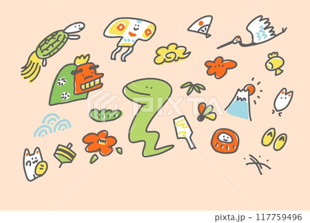 かわいい蛇と正月の縁起物の年賀イラスト 年賀状 巳年 かわいい蛇と正月の縁起物の年賀イラスト 年賀状 巳年 117759496