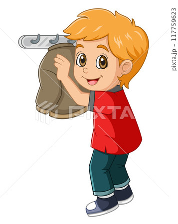 Cartoon little boy hanging jacket of illustration 117759623