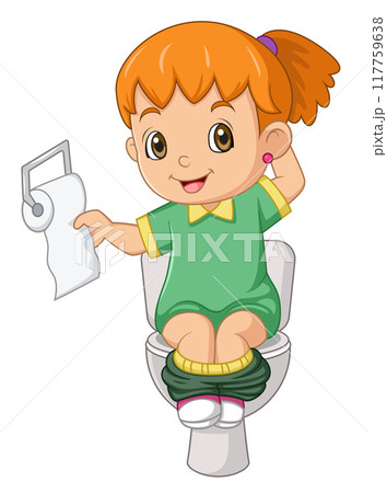 Cartoon little girl sitting on the toilet of illustration 117759638