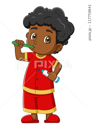 Cartoon little African american boy brushing teeth of illustration 117759641