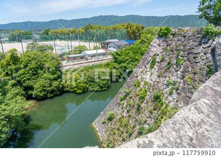 三重県伊賀市　初夏の伊賀上野城の高石垣と城下 117759910