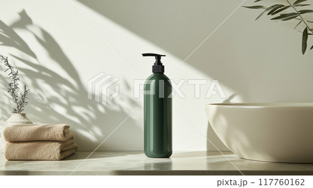 ラベルなしモックアップ用緑色のシャンプーボトルをリアルに描いたAI生成画像 117760162