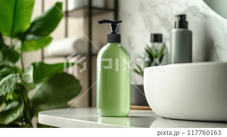 ラベルなしモックアップ用緑色のシャンプーボトルをリアルに描いたAI生成画像 ラベルなしモックアップ用緑色のシャンプーボトルをリアルに描いたAI生成画像 117760163