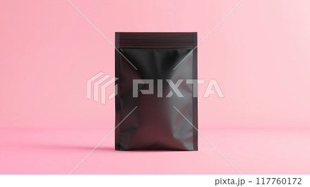 ラベルなしモックアップ用黒色の食品ジップ袋とピンク背景をリアルに描いたAI生成画像 ラベルなしモックアップ用黒色の食品ジップ袋とピンク背景をリアルに描いたAI生成画像 117760172