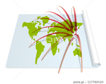 世界中から日本に集まる赤い矢印の世界地図　ベクターイラストレーション 117760520