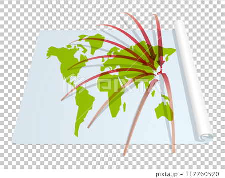 世界中から日本に集まる赤い矢印の世界地図　ベクターイラストレーション 117760520