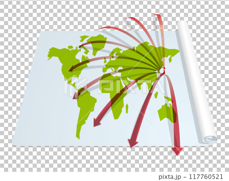 World map with red arrows spreading from Japan to the world Vector illustration World map with red arrows spreading from Japan to the world Vector illustration 117760521