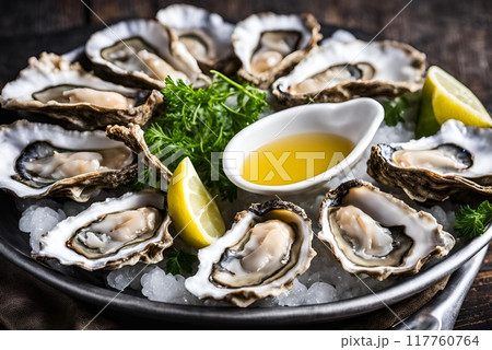 Fresh oysters on the half shell served on ice paired with lemon for added freshness. Highlighting their natural briny flavor and smooth texture. AI Generated 117760764