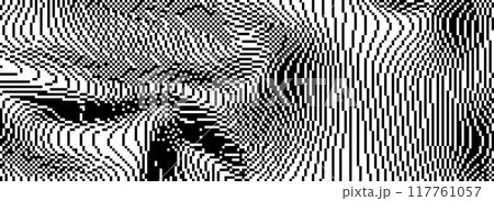Dithered curved wavy texture. Black pixelated glitch lines background. Digitalized distorted stripes for banner, poster, flyer, brochure, booklet. Abstract rasterized noise overlay wallpaper. Vector Dithered curved wavy texture. Black pixelated glitch lines background. Digitalized distorted stripes for banner, poster, flyer, brochure, booklet. Abstract rasterized noise overlay wallpaper. Vector 117761057