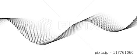 Dotted wave line background. Black halftone undulate pattern. Curve dashed gradient design element for poser, banner, presentation, booklet. Abstract flowing particle dot line wallpaper. Vector Dotted wave line background. Black halftone undulate pattern. Curve dashed gradient design element for poser, banner, presentation, booklet. Abstract flowing particle dot line wallpaper. Vector 117761060