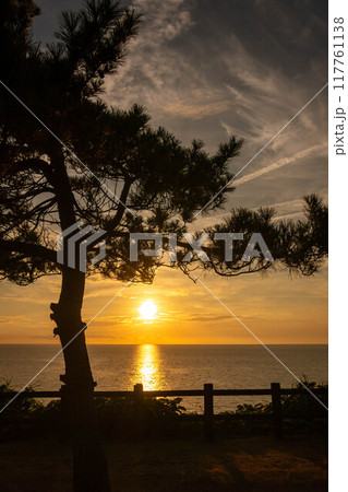 新潟県柏崎市　夕日が丘公園　日本海に沈む夕日 117761138