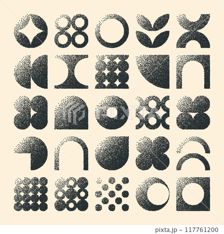 Brutalist geometric shapes, dotted objects. Stipple elements modern symbols. Simple primitive forms. Retro design, trendy contemporary minimalist style, y2k. Dot shading, drawing. Vector illustration 117761200