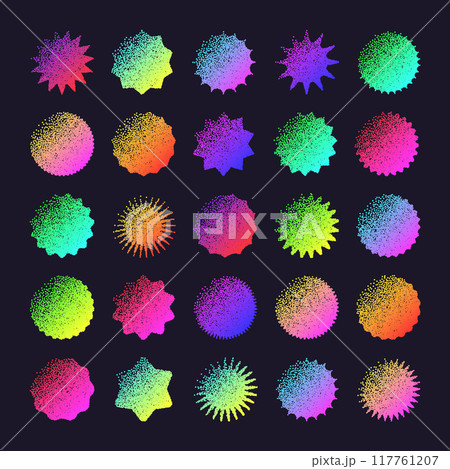 Brutalist geometric shapes, dotted objects. Stipple elements modern symbols. Neon primitive forms. Retro design, trendy contemporary minimalist style, y2k. Dot shading, drawing. Vector illustration 117761207