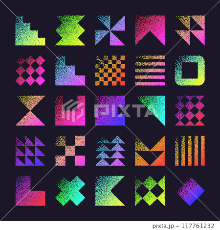 Brutalist geometric shapes, dotted objects. Stipple elements modern symbols. Neon primitive forms. Retro design, trendy contemporary minimalist style, y2k. Dot shading, drawing. Vector illustration 117761232