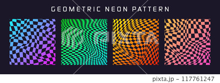 Groovy checkered pattern, colorful distorted tiled grid. Vintage wavy curved backdrop, distortion effect. Funky geometric chessboard texture, retro background in 90s style, y2k. Vector illustration Groovy checkered pattern, colorful distorted tiled grid. Vintage wavy curved backdrop, distortion effect. Funky geometric chessboard texture, retro background in 90s style, y2k. Vector illustration 117761247