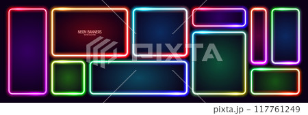 Colorful glowing neon banners, illuminated square frames. Shiny vibrant border, glow effect. Purple vintage retro lights, night illumination. Modern futuristic UI design elements. Vector illustration 117761249