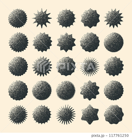 Brutalist geometric shapes, dotted objects. Stipple elements modern symbols. Simple primitive forms. Retro design, trendy contemporary minimalist style, y2k. Dot shading, drawing. Vector illustration 117761250