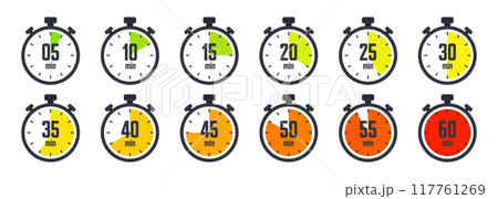 Stopwatch icons. Colorful simple chronometer, time counter with dial. Countdown timer showing hours and minutes. Deadline, measurement for sport. Cooking time label, sticker. Vector illustration 117761269