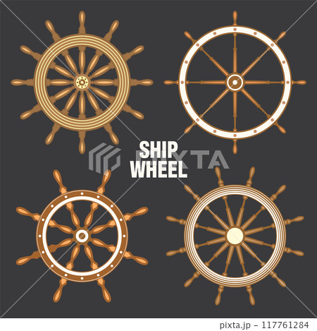 Wooden vintage steering wheels. Ship, sailboat or yacht retro wheel symbol. Brown nautical rudder icon. Marine logotype design element. Vector illustration 117761284