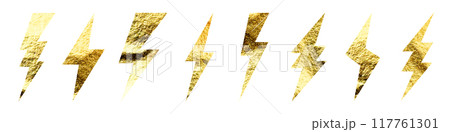 Golden lightning bolt icons collection. Gold foil texture. Flash symbol, thunderbolt. Simple lightning strike sign. Vector illustration 117761301