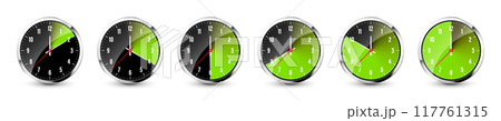 Wall clock, stopwatch icons. Shiny metal chronometer, time counter with dial. Green countdown timer showing minutes and seconds. Time measurement for sport, start and finish. Vector illustration 117761315