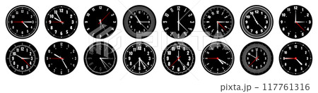 Mechanical clock faces with hands, bezel. Watch dial with minute, hour marks and numbers, arabic numerals. Timer or stopwatch element. Measuring circle scale with divisions. Vector illustration 117761316