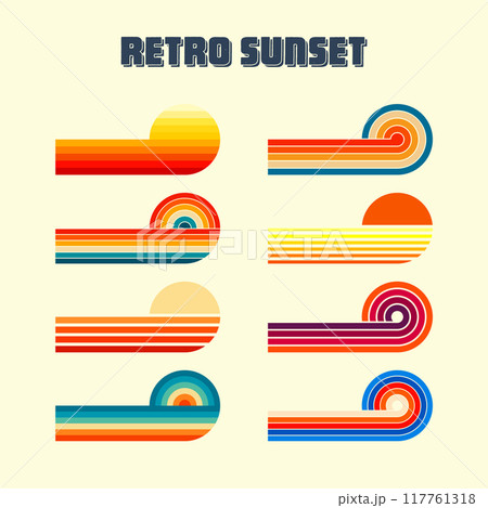 Horizontal vintage sunsets. Various colorful striped sunrise badges in 80s and 90s style. Sun and ocean view, summer vibes, surfing. Design element, print, logo or t-shirt. Vector illustration 117761318