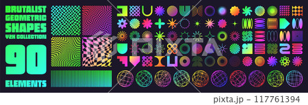 Brutalist geometric shapes, neon modern symbols. Groovy checkered pattern, distorted tiled grid. Simple elements, forms. Retro design, trendy contemporary minimalist style, y2k. Vector illustration Brutalist geometric shapes, neon modern symbols. Groovy checkered pattern, distorted tiled grid. Simple elements, forms. Retro design, trendy contemporary minimalist style, y2k. Vector illustration 117761394