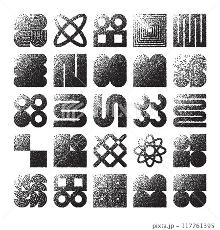 Brutalist geometric shapes, dotted objects. Stipple elements modern symbols. Simple primitive forms. Retro design, trendy contemporary minimalist style, y2k. Dot shading, drawing. Vector illustration Brutalist geometric shapes, dotted objects. Stipple elements modern symbols. Simple primitive forms. Retro design, trendy contemporary minimalist style, y2k. Dot shading, drawing. Vector illustration 117761395
