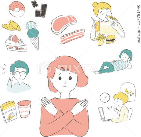 腸内環境を悪化させる原因のイラスト　セット 117761440