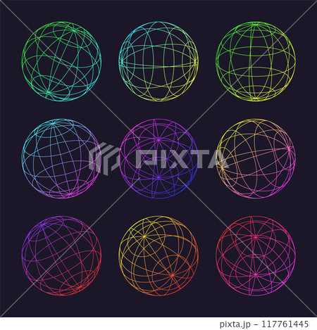 Neon wireframe shapes, lined sphere. Perspective mesh, 3d grid. Low poly geometric elements. Retro futuristic design elements, y2k, vaporwave and synthwave style. Vector illustration Neon wireframe shapes, lined sphere. Perspective mesh, 3d grid. Low poly geometric elements. Retro futuristic design elements, y2k, vaporwave and synthwave style. Vector illustration 117761445