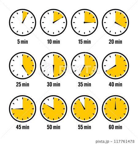 Stopwatch icons. Colorful simple chronometer, time counter with dial. Countdown timer showing hours and minutes. Deadline, measurement for sport. Cooking time label, sticker. Vector illustration 117761478
