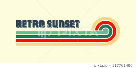 Horizontal vintage sunset. Various colorful striped sunrise badges in 80s and 90s style. Sun and ocean view, summer vibes, surfing. Design element, print, logo or t-shirt. Vector illustration 117761490