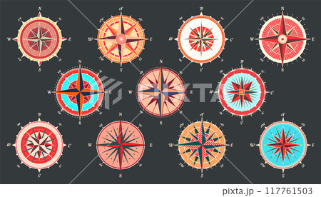 Vintage marine wind rose, nautical chart. Colorful navigational compass with cardinal directions of North, East, South, West. Geographical position, cartography and navigation. Vector illustration 117761503