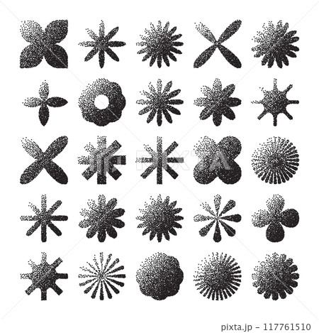 Brutalist geometric shapes, dotted objects. Stipple elements modern symbols. Simple primitive forms. Retro design, trendy contemporary minimalist style, y2k. Dot shading, drawing. Vector illustration 117761510