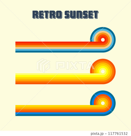 Horizontal vintage sunsets. Various colorful striped sunrise badges in 80s and 90s style. Sun and ocean view, summer vibes, surfing. Design element, print, logo or t-shirt. Vector illustration 117761532