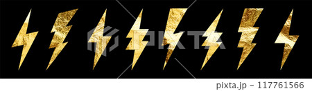 Golden lightning bolt icons collection. Gold foil texture. Flash symbol, thunderbolt. Simple lightning strike sign. Vector illustration 117761566