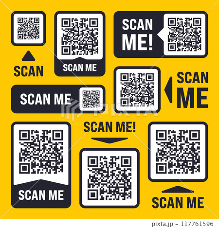 Scan me QR code sticker with text. Online payment. Special offer sale stickers, shopping discount label, promotional badge. Product serial number. Supermarket retail price tag. Vector illustration 117761596