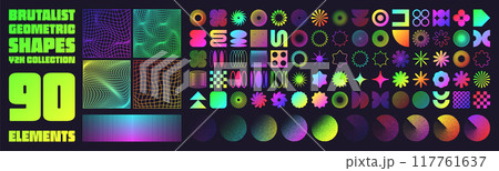 Brutalist geometric shapes, neon modern symbols. Groovy checkered pattern, distorted tiled grid. Simple elements, forms. Retro design, trendy contemporary minimalist style, y2k. Vector illustration 117761637