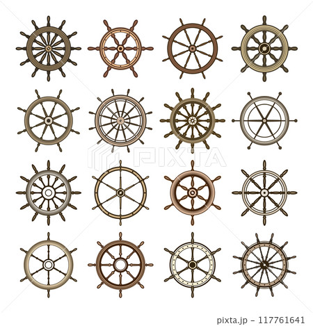 Wooden vintage steering wheels. Ship, sailboat or yacht retro wheel symbol. Brown nautical rudder icon. Marine logotype design element. Vector illustration 117761641