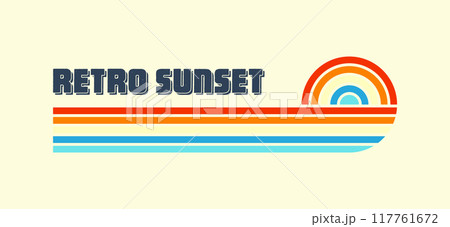 Horizontal vintage sunset. Various colorful striped sunrise badges in 80s and 90s style. Sun and ocean view, summer vibes, surfing. Design element, print, logo or t-shirt. Vector illustration 117761672