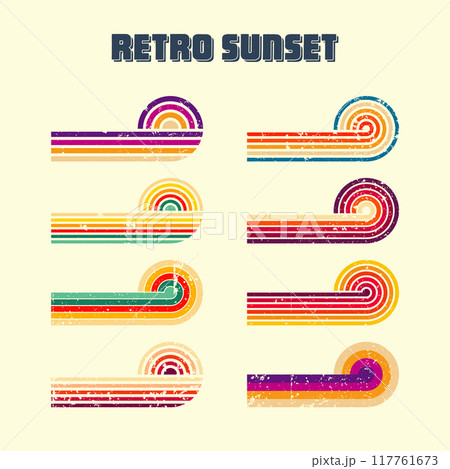 Grunge horizontal vintage sunsets. Various colorful striped sunrise badges in 80s and 90s style. Sun and ocean view, summer vibes, surfing. Design element, print, logo or t-shirt. Vector illustration 117761673
