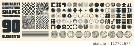Brutalist geometric shapes, modern symbols. Groovy checkered pattern, distorted tiled grid. Simple elements, forms. Retro design, trendy contemporary minimalist style, y2k. Vector illustration 117761674