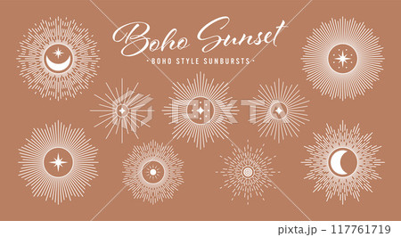 Vintage sunburst, sunset beams collection. Boho style, modern minimalist bohemian design. Hand drawn bursting sun, light rays. Logotype or lettering design element in retro style. Vector illustration 117761719