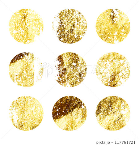 Grunge gold foil, shiny handmade circles. Golden glittering texture, pattern. Luxury shining hand drawn background. Wedding, greeting card decoration elements. Modern art. Vector illustration 117761721